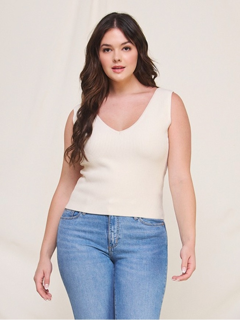 Sleeveless V-Neck Ribbed Knit Tank Top - Cream